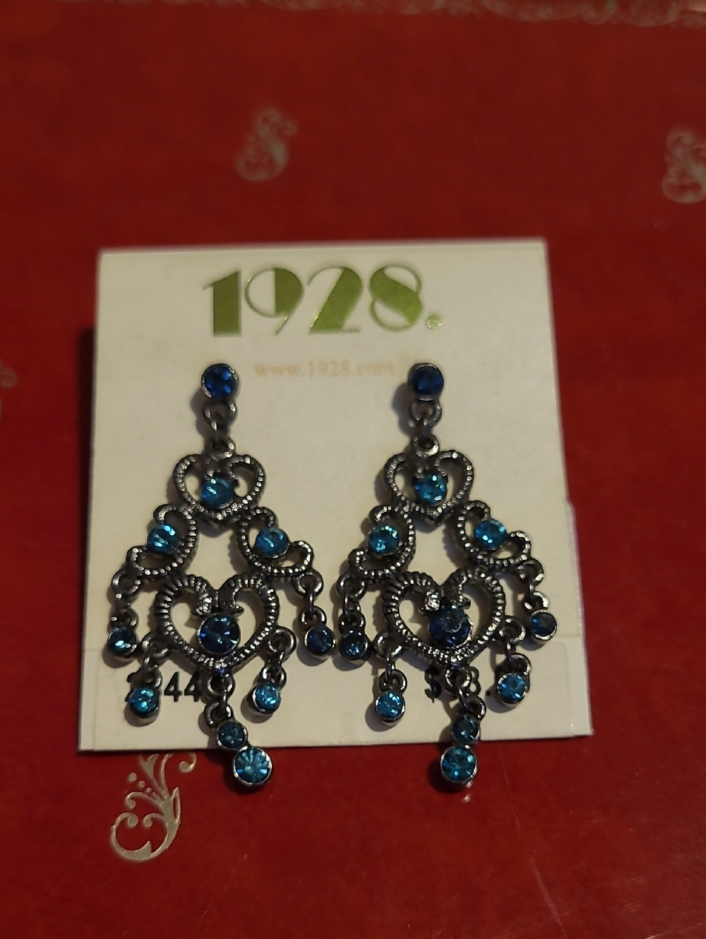 1928 Teal Blue Crystal Filigree Chandelier Earrings